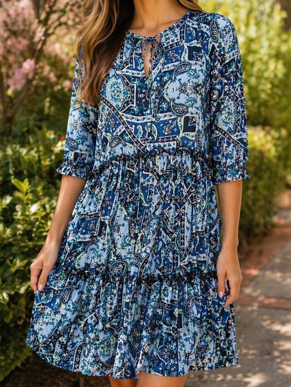NWT Apricot Blue Paisley Tiered Shift Dress Oversized Boho 3/4 Sleeve Flowy Mini